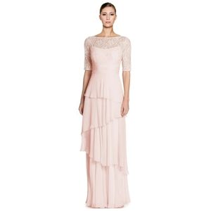 Teri Jon Lace Bodice Tiered Chiffon Evening Gown